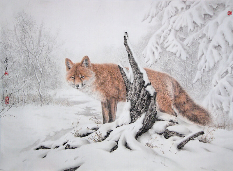 Red Fox in Snow — White, Serene, Winter, Painting