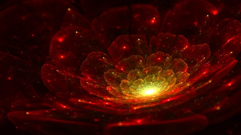 Red Fractal Flower — Dramatic, Digital Art, Light, Petals, Sparkles