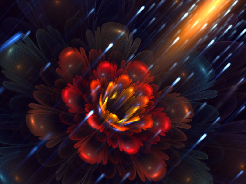 Red Fractal Flower — Dramatic, Digital Art, Light Streaks, Dark Background