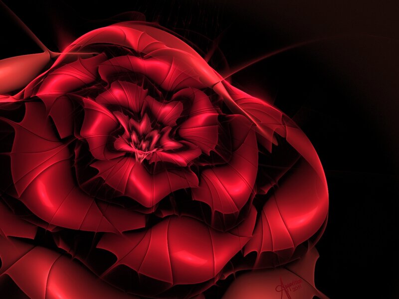 Red Fractal Flower — Dramatic, Digital Art, Petals, Dark Background
