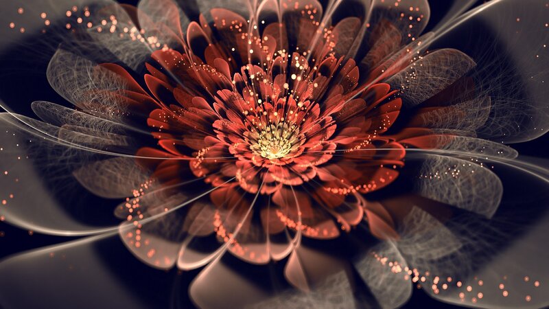 Red Fractal Flower — Dramatic, Digital Art, Petals, Sparkles