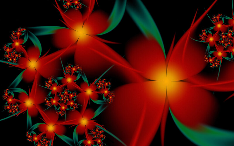 Red Fractal Flowers — Dramatic, Digital Art, Green Leaves