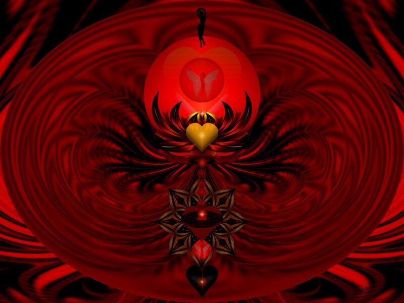 Red Fractal Heart Design — Dramatic, Digital Art, Wing
