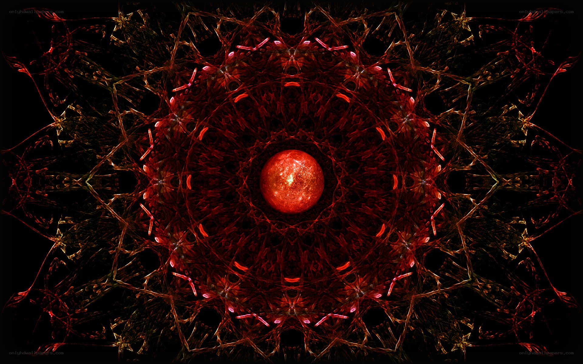 Red fractal mandala with central sphere