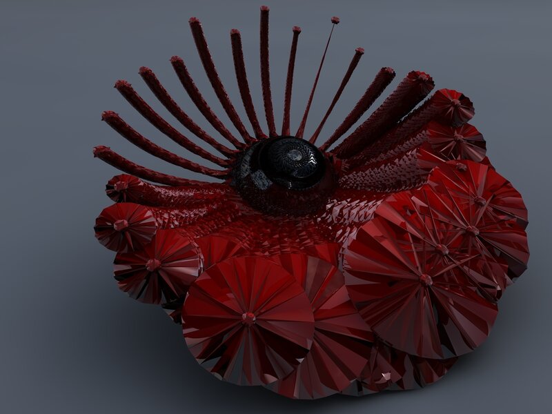 Red fractal sculpture with central eye