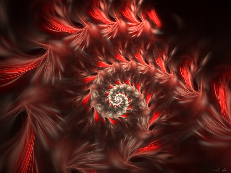 Red Fractal Spiral — Dramatic, Digital Art, Feathers