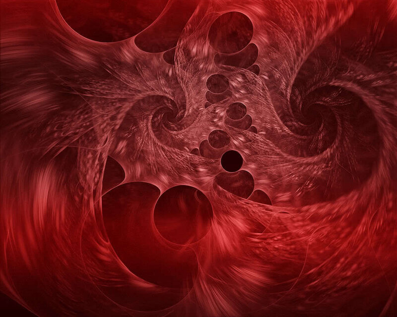 Red Fractal Swirls — Dynamic, Abstract, Circles