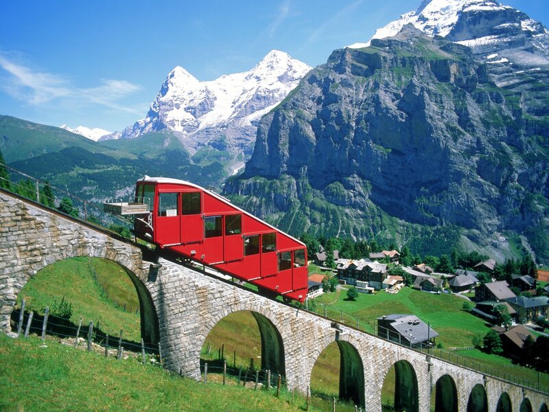 Red Funicular Train — Serene, Afternoon
