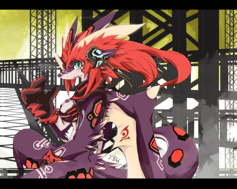 red-furred anime character in purple armor