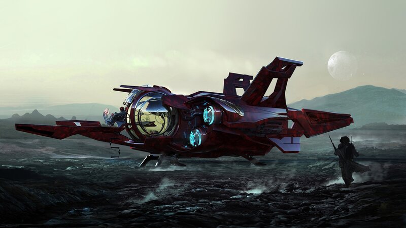 Red Futuristic Aircraft — Dramatic