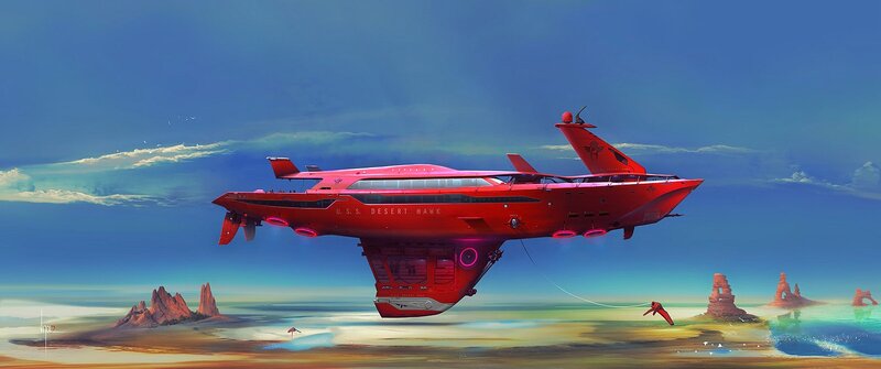 Red futuristic airship over desert