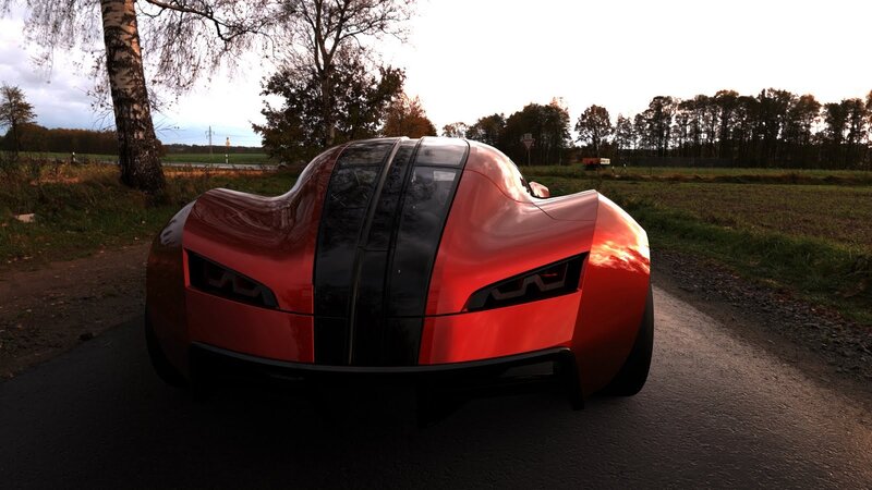 Red futuristic car on a rural road