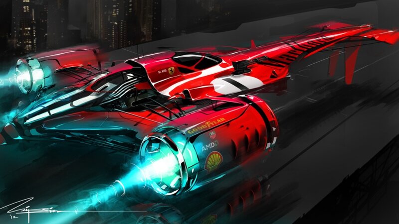 Red Futuristic Race Car — Dramatic, Night