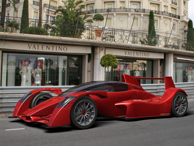 Red futuristic race car on street