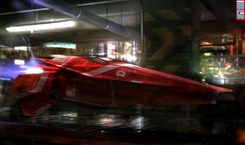 Red futuristic spacecraft in city