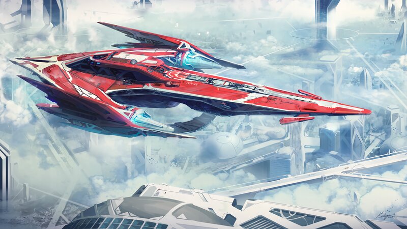 Red Futuristic Spaceship — Dramatic