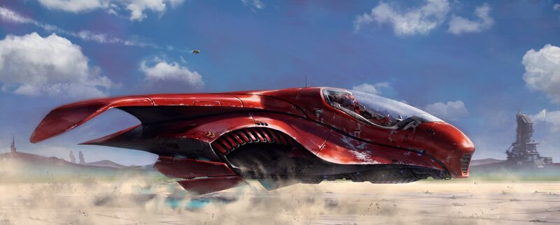 Red Futuristic Vehicle — Dramatic, Afternoon