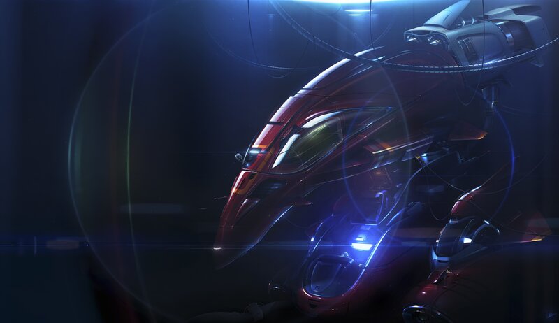 Red Futuristic Vehicle — Dramatic, Night