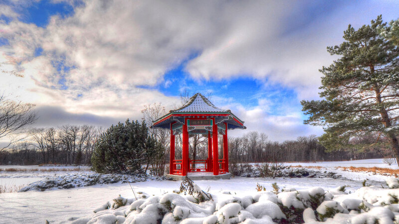 Red Gazebo in Snow — Serene