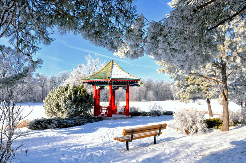 Red Gazebo in Snow — White, Serene