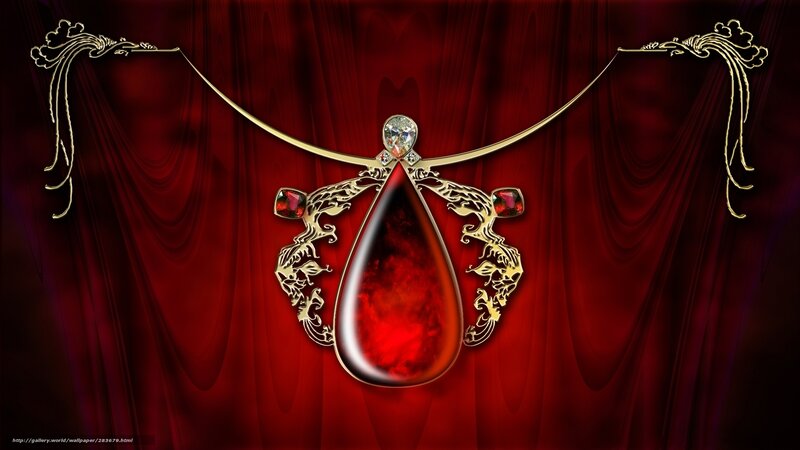 Red gemstone necklace on red curtain