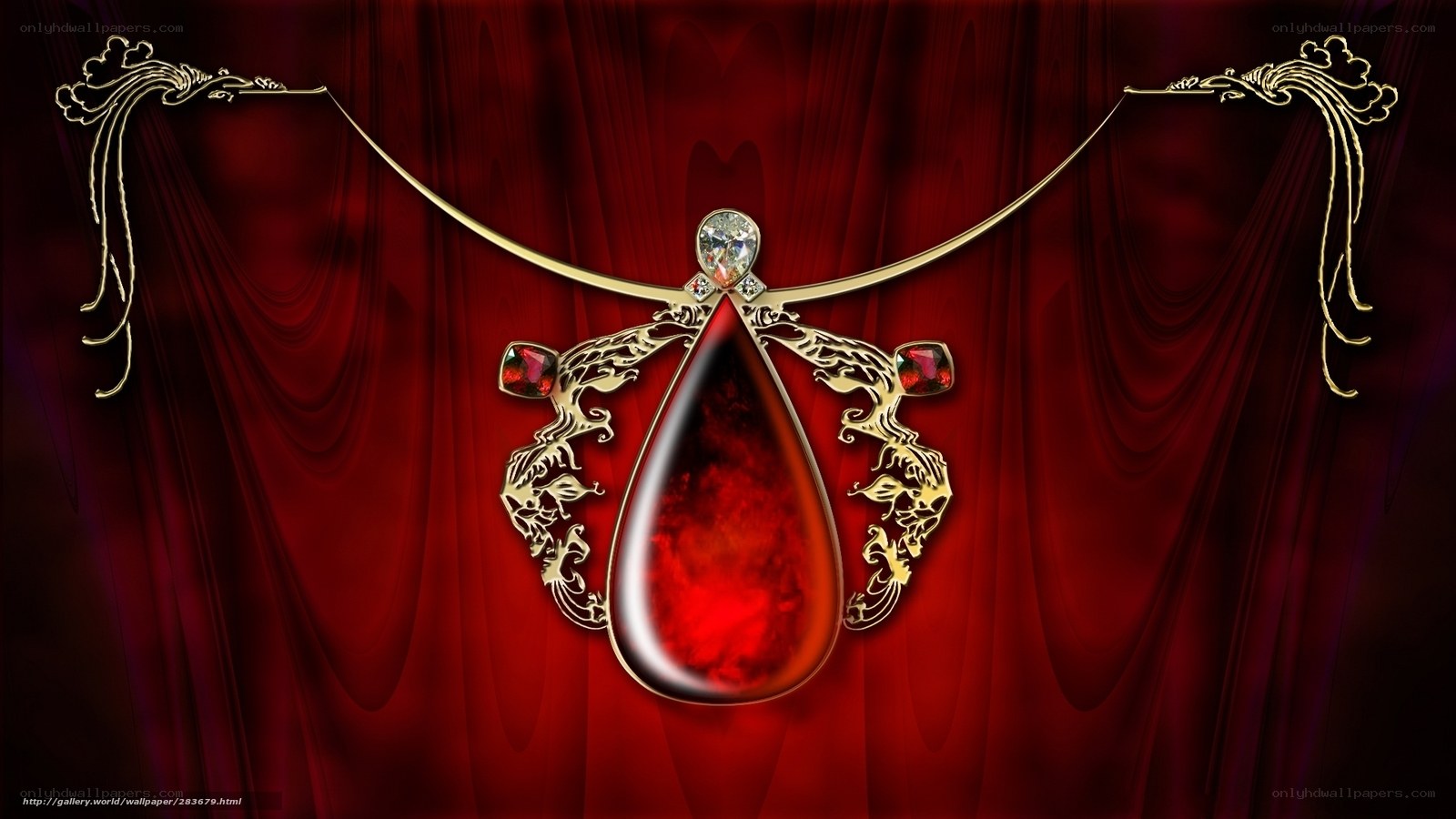 Red gemstone necklace on red curtain