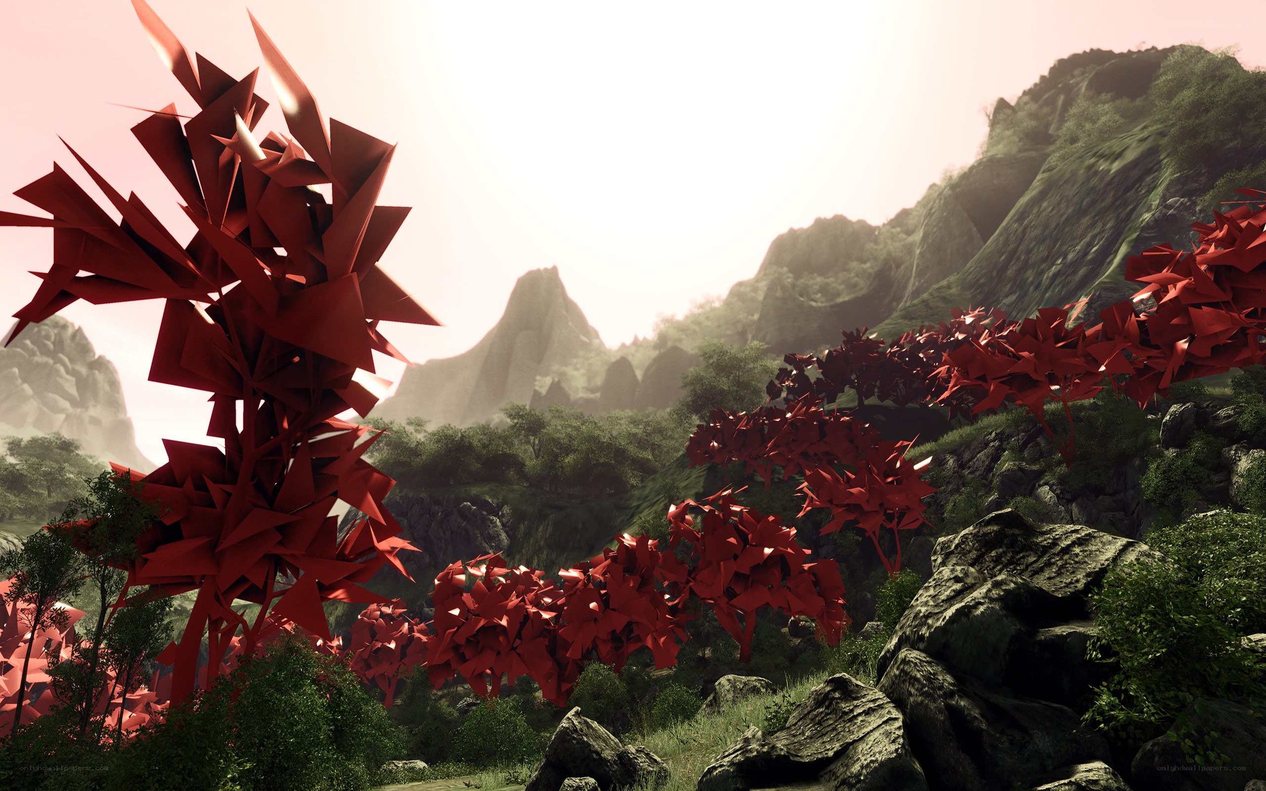 Red geometric plants in alien landscape