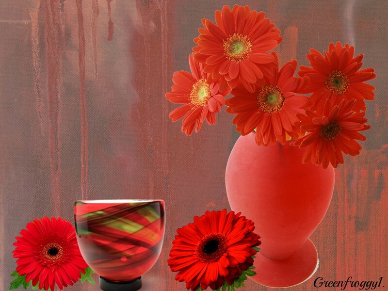 Red Gerbera Daisies — Calm, Photograph, Vase, Glass