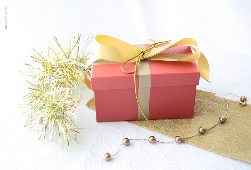 Red Gift Box — Festive, Photograph, Gold Tinsel