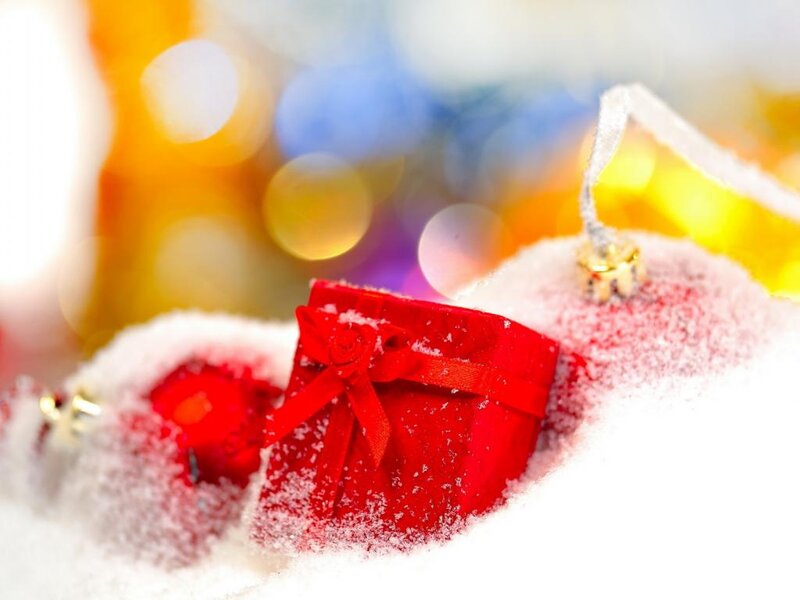 Red Gift Box in Snow — Festive, Winter, Photograph