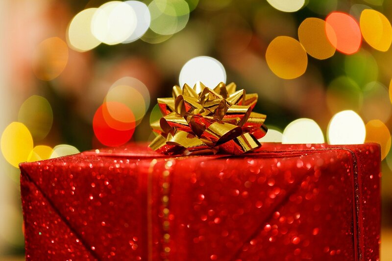Red Gift Box with Bow — Festive, Night, Photograph, Bokeh Lights