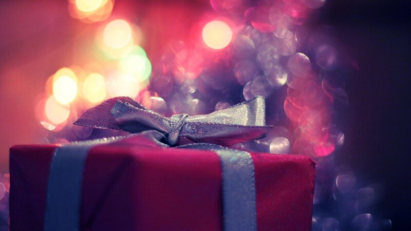 Red Gift Box with Bow — Festive, Night, Photograph, Lights