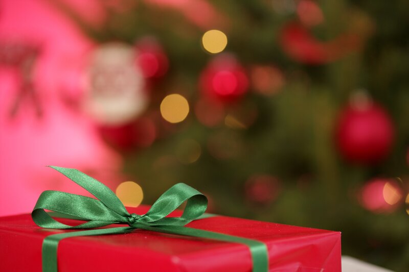 Red Gift Box with Bow — Festive, Winter, Photograph, Christmas Tree