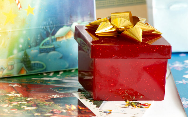 Red Gift Box with Bow — Festive, Winter, Photograph, Gold Bow