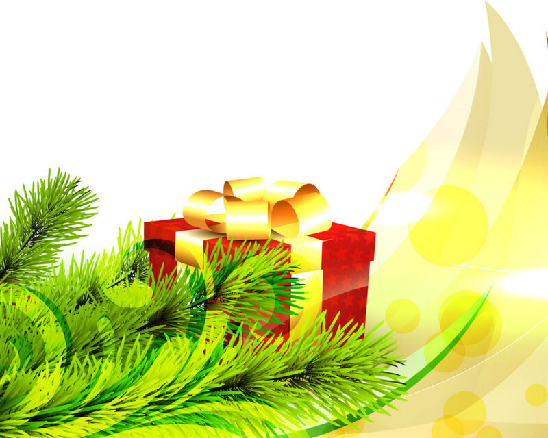 Red Gift Box with Bow — Festive, Winter, Vector Art, Pine Branches