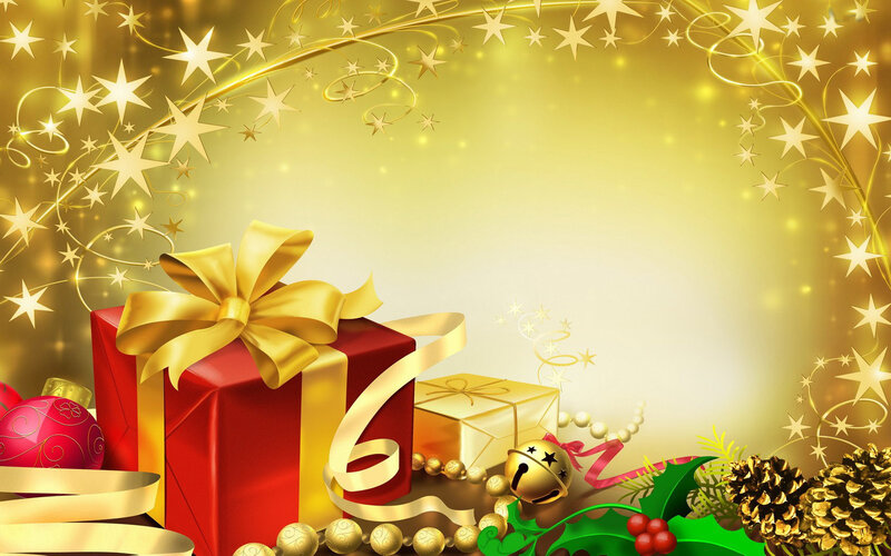 Red Gift Box with Bow — Gold, Festive, Winter, Digital Art, Gold Bell
