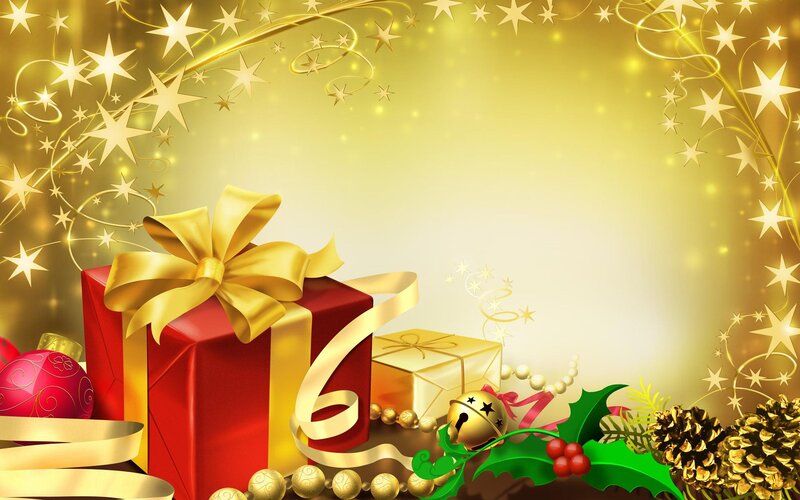 Red Gift Box with Bow — Gold, Festive, Winter, Digital Art
