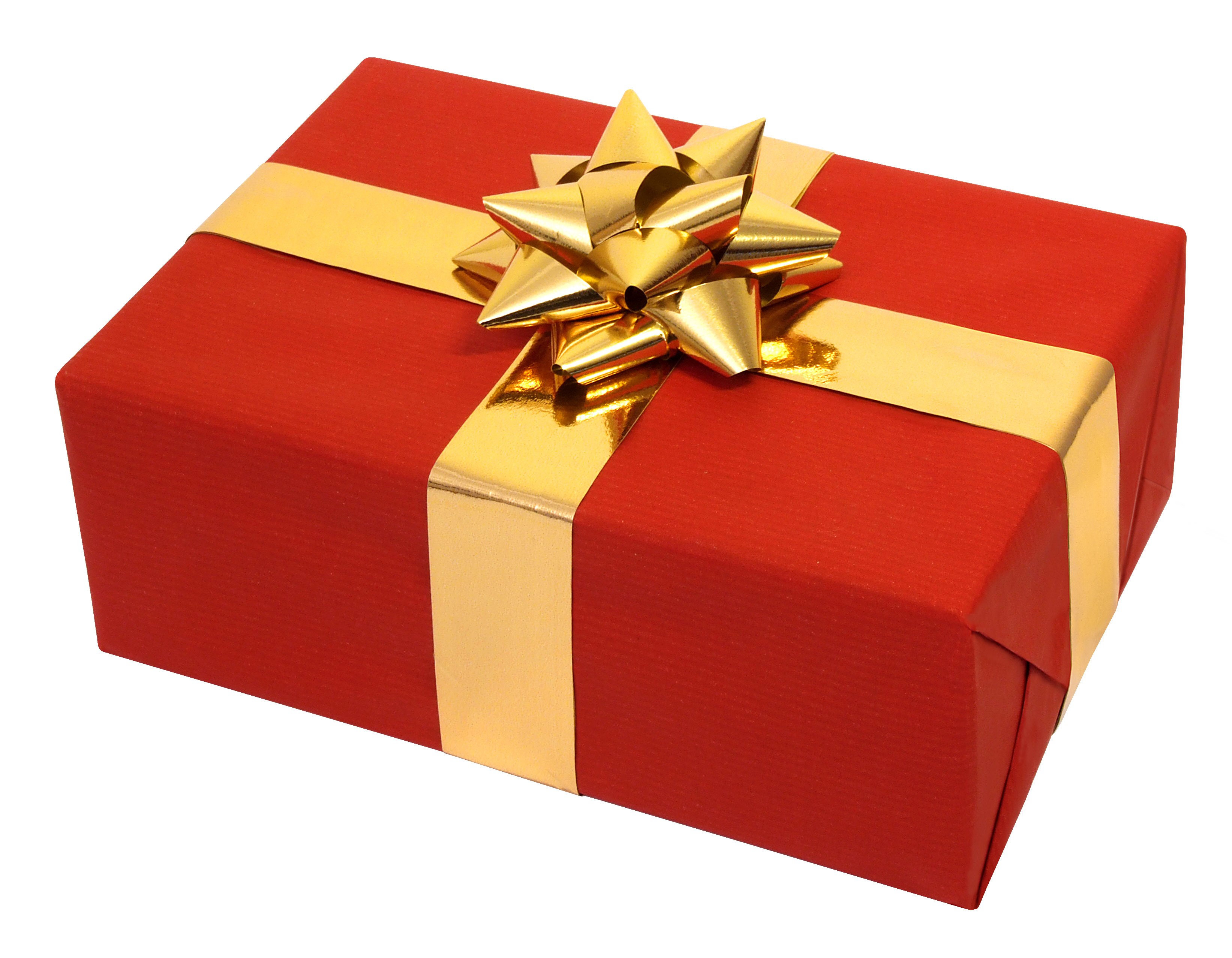 red gift box with gold bow