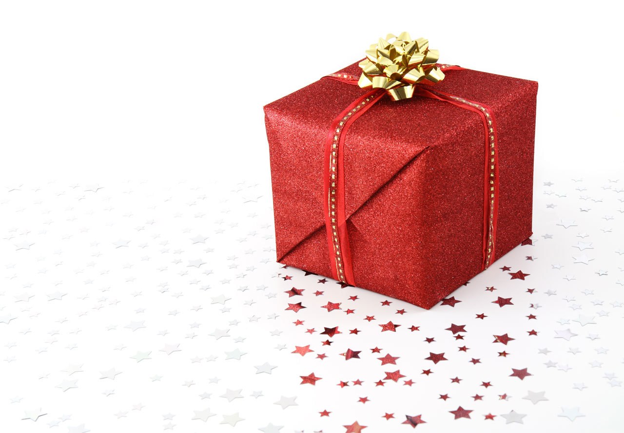 Red gift box with gold bow