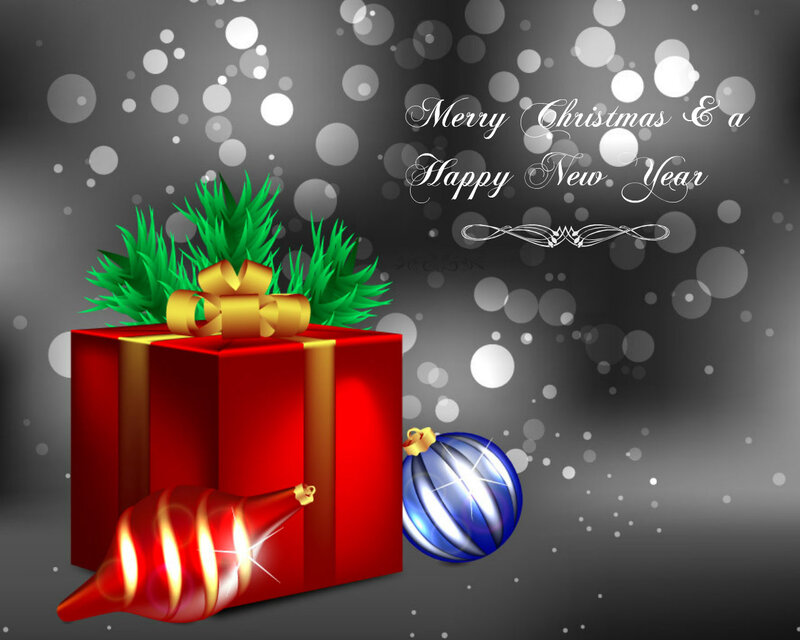 Red Gift Box with Ornaments — Festive, Winter, Digital Art