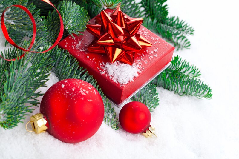 Red Gift Box with Ornaments — Festive, Winter, Photograph, Pine Branches, Snow, Ribbon