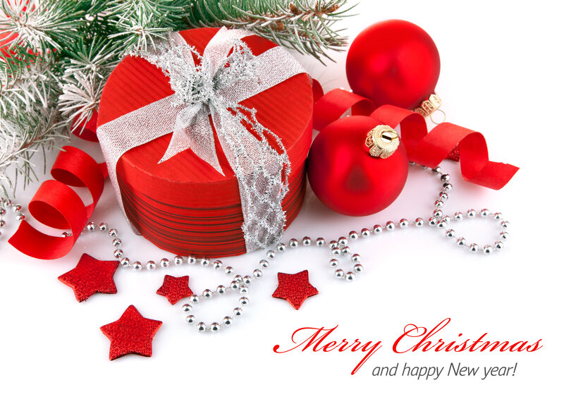 Red Gift Box with Ornaments — Festive, Winter, Photograph, Pine Branches, Stars