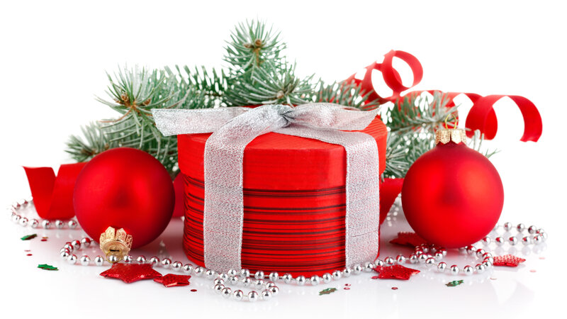 Red Gift Box with Ornaments — Festive, Winter, Photograph, Pine Branches