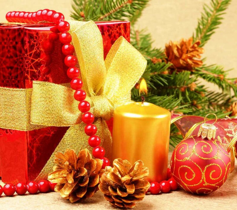 Red Gift Box with Ornaments — Festive, Winter, Photograph, Pine Cones, Candle