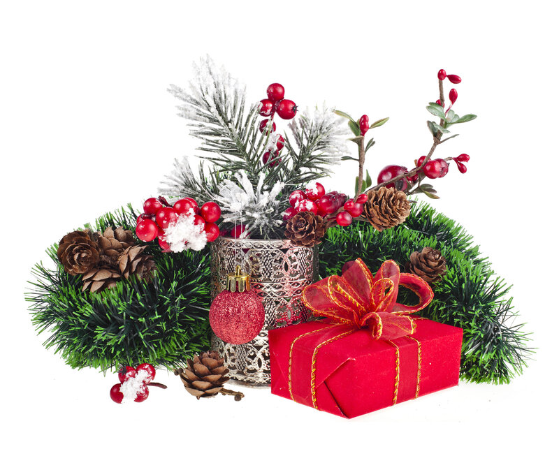 Red Gift Box with Ornaments — Festive, Winter, Photograph, Pine Cones