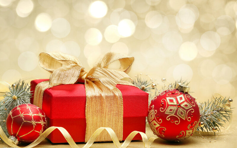 Red Gift Box with Ornaments — Festive, Winter, Photograph, Pine Sprigs