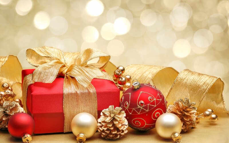 Red Gift Box with Ornaments — Festive, Winter, Photograph, Pinecones