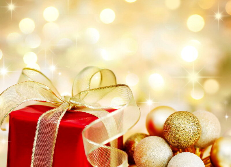 Red Gift Box with Ornaments — Festive, Winter, Photograph, Ribbon, Bokeh