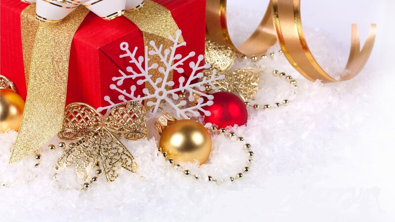 Red Gift Box with Ornaments — Festive, Winter, Photograph, Snowflake, Gold Bow