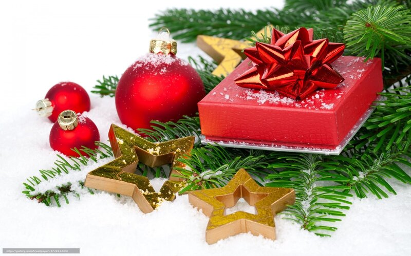 Red Gift Box with Ornaments — Festive, Winter, Photograph, Stars, Pine Branches, Snow